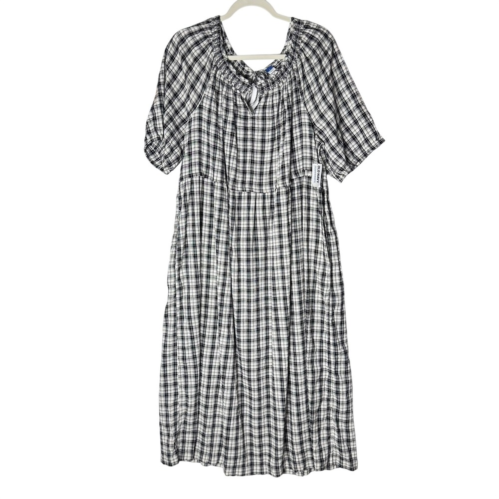 NEW Old Navy Midi Dress XL Plaid Black Smocked Cottagecore Pockets Peasant Boho - Picture 8 of 13